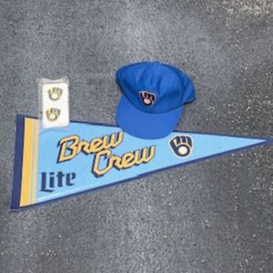 Milwaukee Brewers Collectables . Banner - Cap - Wrist Bands . 3Pc Bundle